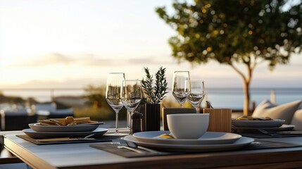 Fototapeta premium Elegant outdoor dining setup with plates, glasses, and cutlery against a beautiful sunset backdrop near the ocean with lush greenery