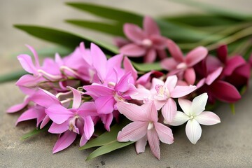 Fototapeta premium Beautiful colorful orchid bouquet arranged elegantly on a neutral background for nature lovers and floral enthusiasts