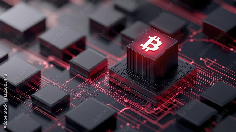 Poster A digital rendering of a Bitcoin symbol illuminated on a circuit board, surrounded by dark microchips, depicting the intersection of cryptocurrency and technology.