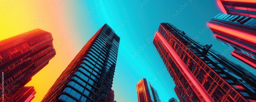 Poster a vibrant cityscape featuring towering skyscrapers illuminated in vivid colors, showcasing a dynamic