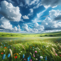 A beautiful field of poppies and buttercups under a blue sky with clouds and green grass in a peaceful rural landscape