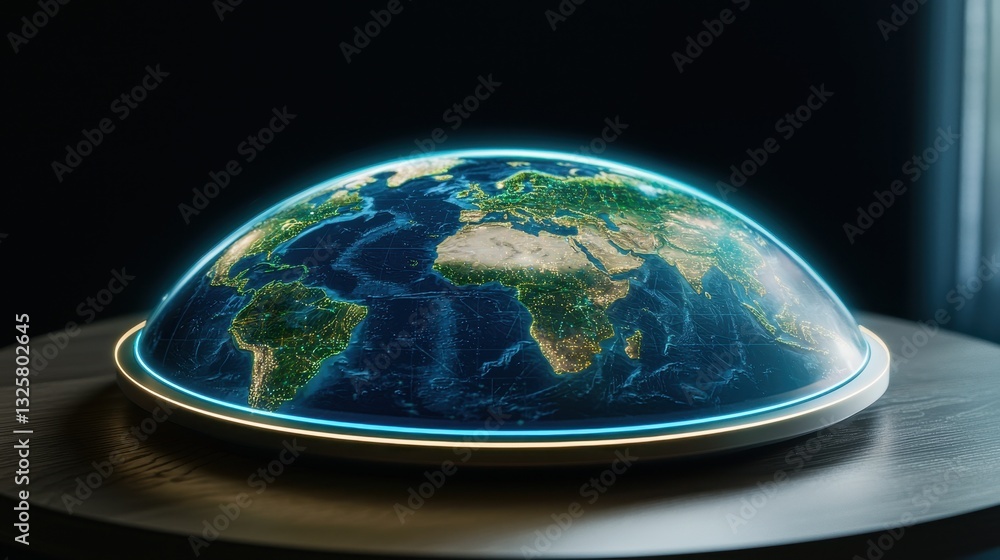 Poster a glowing 3d representation of earth highlighting continents and oceans against a dark background, s