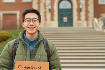 Smiling student holds sign celebrating college acceptance in fro
