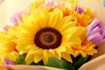 Obraz premium Bright and cheerful bouquet featuring sunflowers and assorted colorful flowers in soft wrapping