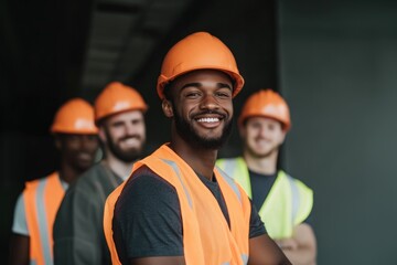 Smiling construction workers wearing hard hats and vests exude t