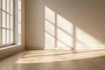 Fototapeta premium Empty room with sunlight streaming through a window, hardwood floors. Ideal for showcasing products, home design, or minimalist concepts.