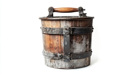 Fototapeta premium Vintage Wooden Bucket with Metal Bands and Rustic Handle Design