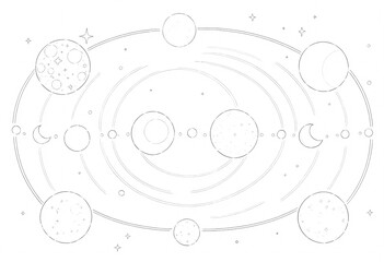 Abstract Line Art Illustration of a Solar System. A simple/elegant and whimsical black and white line art illustration of a solar system