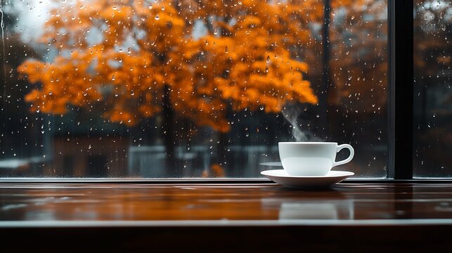 Steaming cup indoors on a rainy day with fall foliage, for cozy blogs