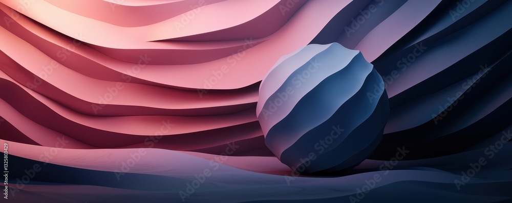 Poster A stylized, abstract depiction featuring a textured wave backdrop with a smooth sphere, showcasing a blend of soft colors and depth.