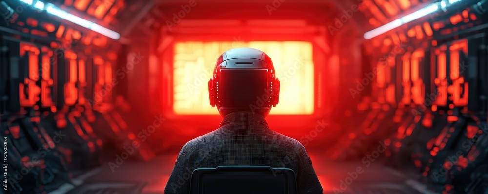 Poster a person in a futuristic setting, wearing a helmet, gazes at a bright screen, surrounded by a high-t