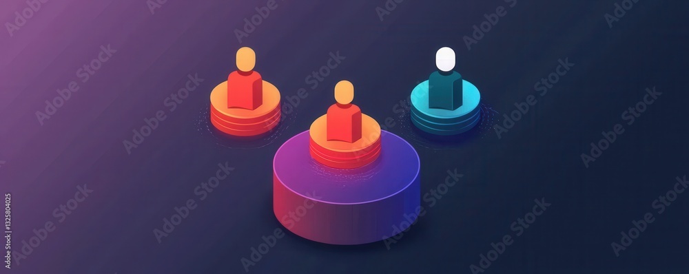 Poster abstract illustration of three stylized figures on colored platforms, representing team dynamics or 