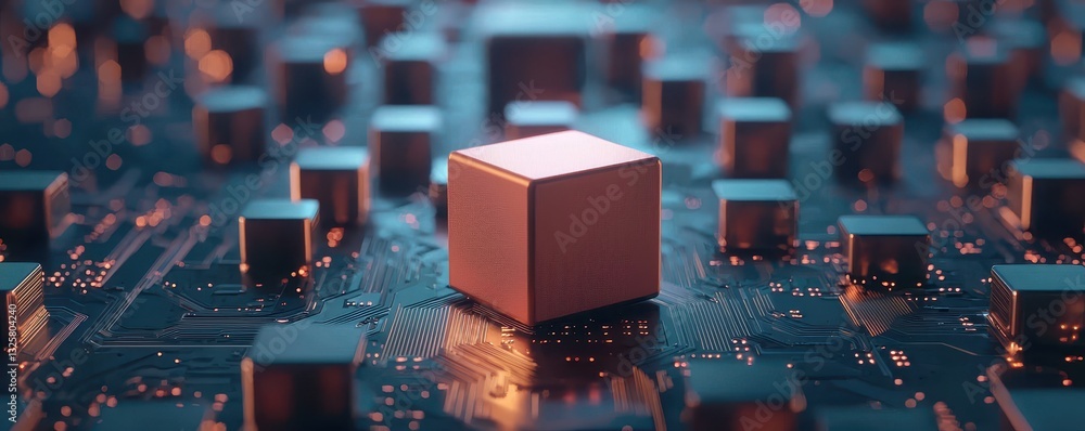 Poster A close-up view of a microchip showcasing a central cube surrounded by smaller components, illuminated with vibrant colors.