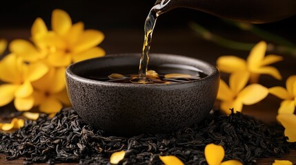 Dark bowl fills with amber tea, surrounded by yellow flowers and loose tea leaves. Perfect for websites, blogs, or articles on tea, wellness, or relaxation.