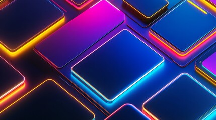 Vibrant abstract background featuring glowing rectangular shapes in various sizes and color
