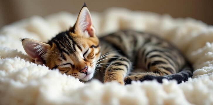 Cute tabby kittens napping peacefully and snuggled up in a soft bed, peaceful, resting