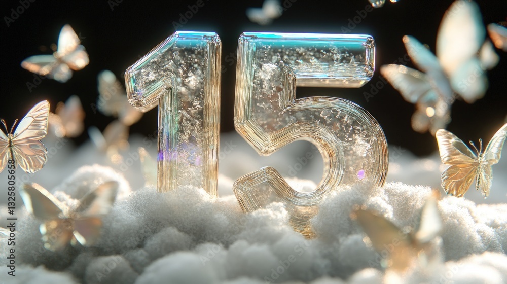 Poster glittering number 15 with butterflies floating above fluffy clouds against a dark background