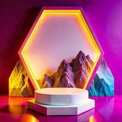 Minimalist product podium, Hexagonal white platform, Soft blue background, Abstract geometric mountains