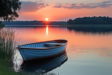 Obraz premium Sunset Over Lake with Boat