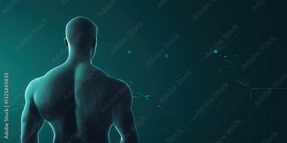 Poster A digital representation of a human figure, showcasing a mesh-like structure against a dark background, conveying themes of technology and human form.