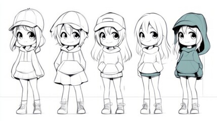Cute Chibi Girl Character Designs  Hoodie  Cap  Sketch  Illustration