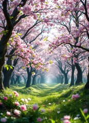 Cherry blossom pathway surrounded by vibrant spring foliage