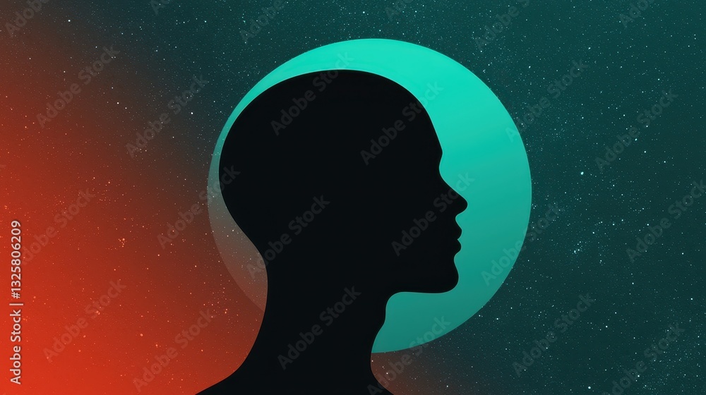 Poster a silhouette of a head against a cosmic background, featuring a turquoise circle and deep red hues, 