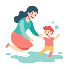 Lively Scene of a Mother Playfully Splashing in Mothers Day PNG Illustration