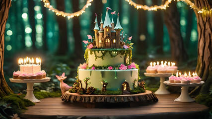 A magical fairy tale birthday party with enchanted forest decorations, fairy lights, and a princess-themed birthday cake, whimsical and dreamlike