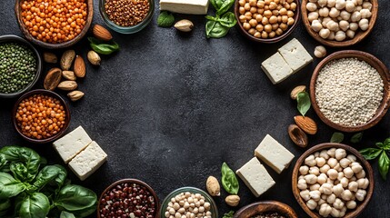 Various Healthy Food Items Presented On A Dark Background
