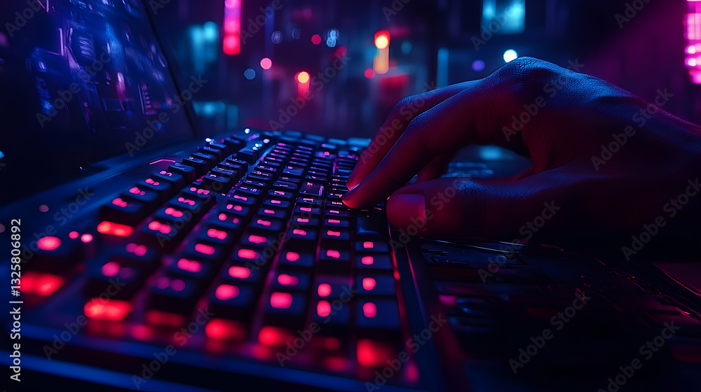 Aufkleber cyberpunk interface on a laptop computer in a dark environment with neon lights