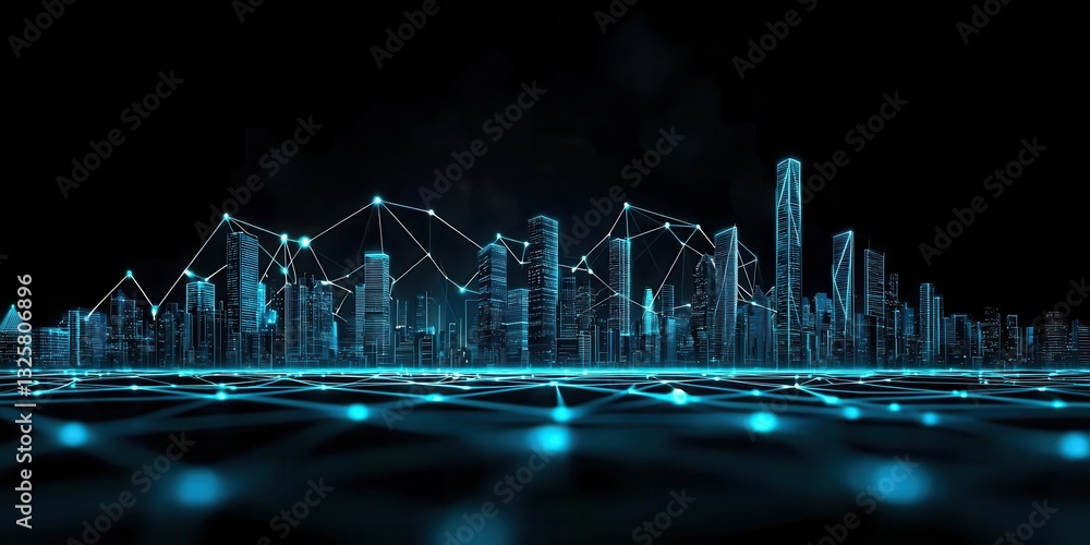 Poster a futuristic city skyline illuminated by blue lights, showcasing digital connections and data patter