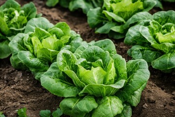Fresh Green Lettuce Growing in Organic Farm Soil Under Natural Light Conditions