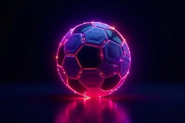 Fototapeta premium Digital illustration of neon glowing soccer ball on black background, digital, soccer