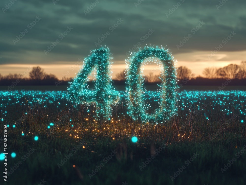 Aufkleber luminous numbers floating above grassy field with sparkling lights at dusk against cloudy sky illumi