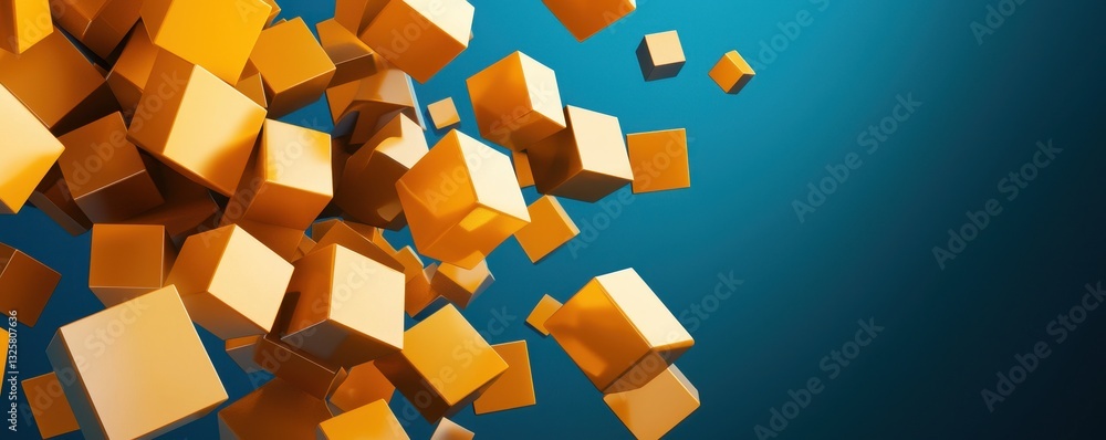 Aufkleber An abstract image featuring floating orange cubes against a blue background, creating a dynamic and visually engaging composition.