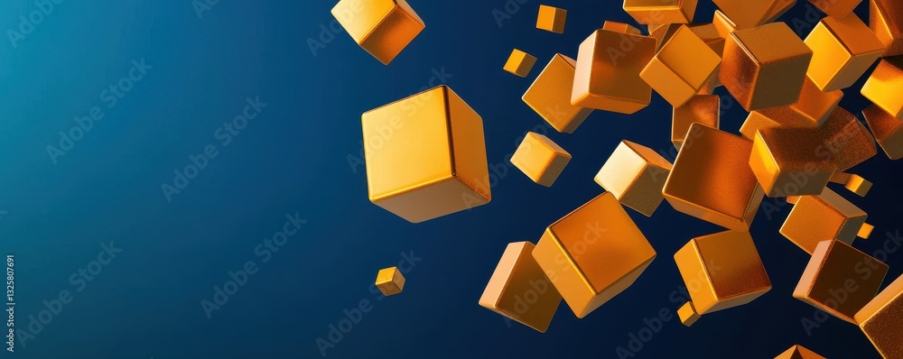 Poster A dynamic arrangement of floating, golden cubes on a gradient blue background, creating an abstract and modern visual effect.