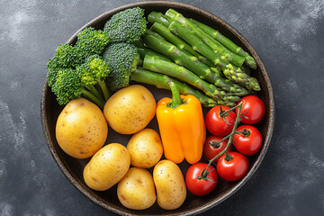 a basket of fresh vegetables including tomatoes,