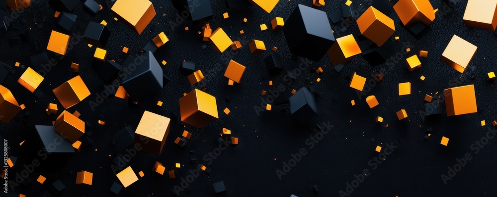 Poster a vibrant abstract design featuring floating cubes in orange and black against a dark background.