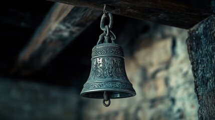 Obraz premium Antique bell hanging in a rustic wooden church