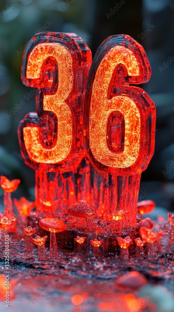 Aufkleber glowing red number display atop a crystalline platform with fiery textures and small mushroom-like f