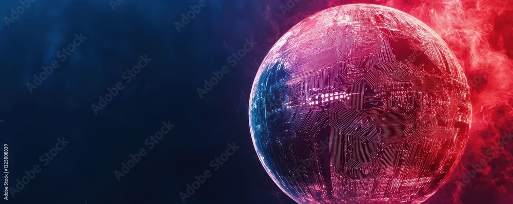 Poster a vibrant digital representation of a globe surrounded by colorful hues, suggesting themes of techno