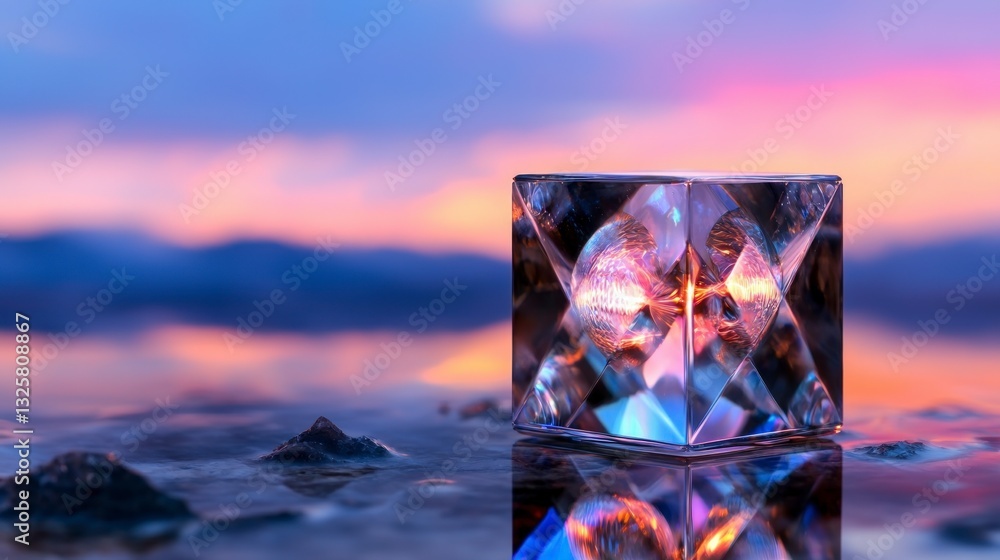Poster Crystal Cube Hologram  Sunset Reflection  Abstract Art  3D Render