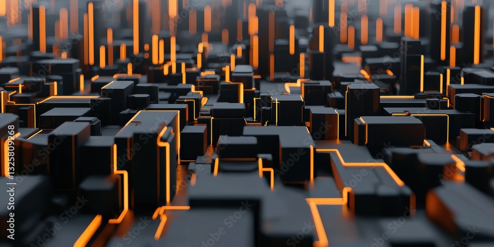 Poster A futuristic cityscape with black structures illuminated by glowing orange lines, creating a high-tech, digital atmosphere.