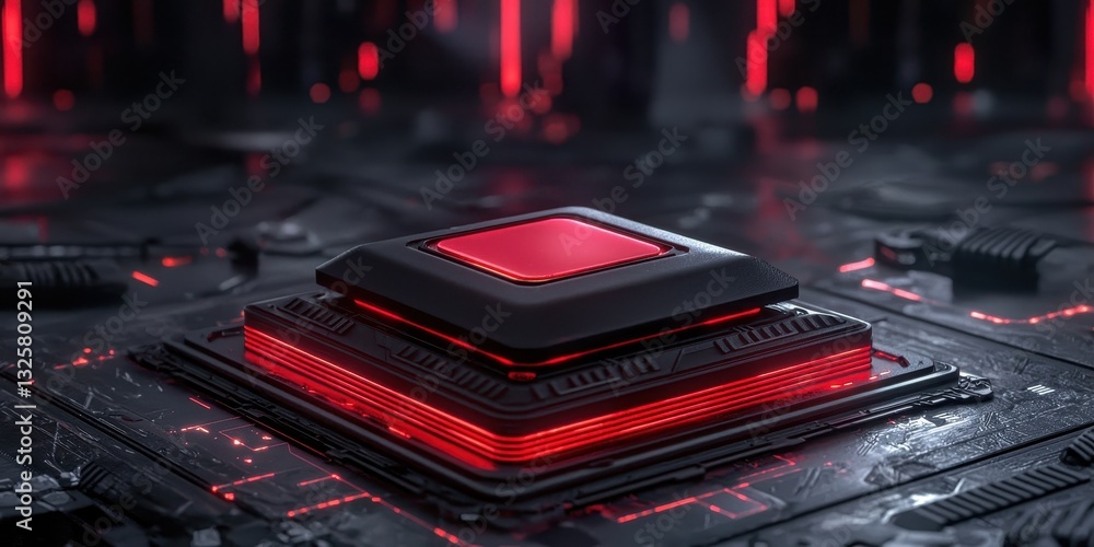 Poster a futuristic computer chip illuminated in red, set against a dark, technological background, emphasi