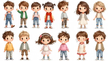 Fototapeta premium collection of cute boy and girl,clip art,isolated on white background,complate body, eye,arm,leg 