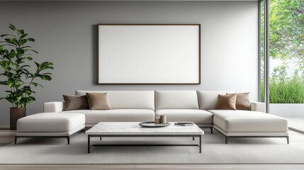 Modern Minimalist Living Room with Elegant Neutral Tones, Large Windows, Cozy Sofa, Stylish Coffee Table, and Lush Greenery Outside