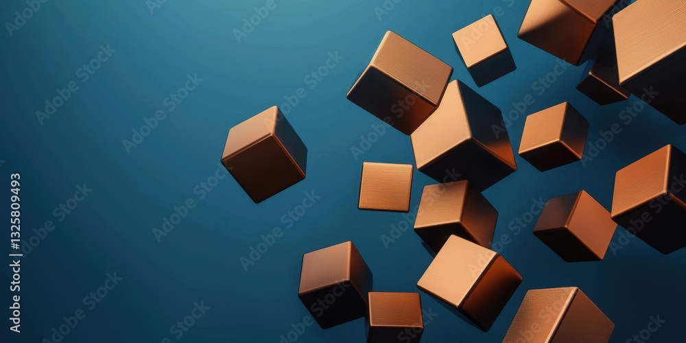 Poster floating geometric cubes in varying shades of brown against a teal background, creating a modern and