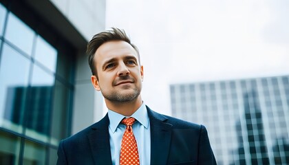 Visionary Entrepreneur: A confident and forward-thinking entrepreneur stands proudly amidst the backdrop of a modern building. A man in business attire embodying the spirit of leadership.