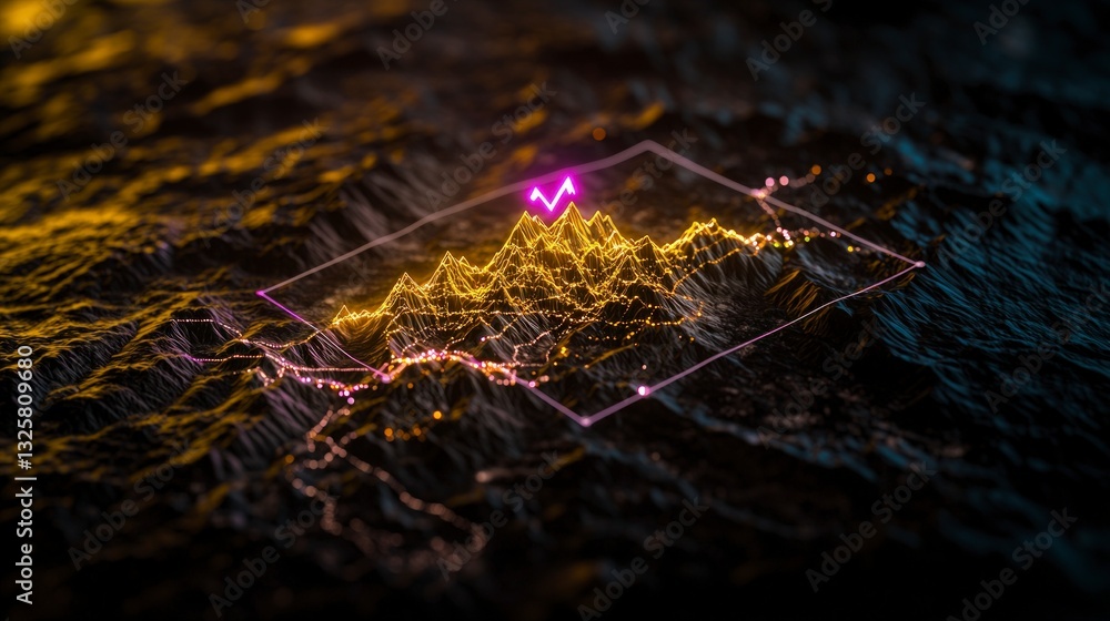 Poster growth chart data visualization abstract mountain range 3d render golden peaks busine